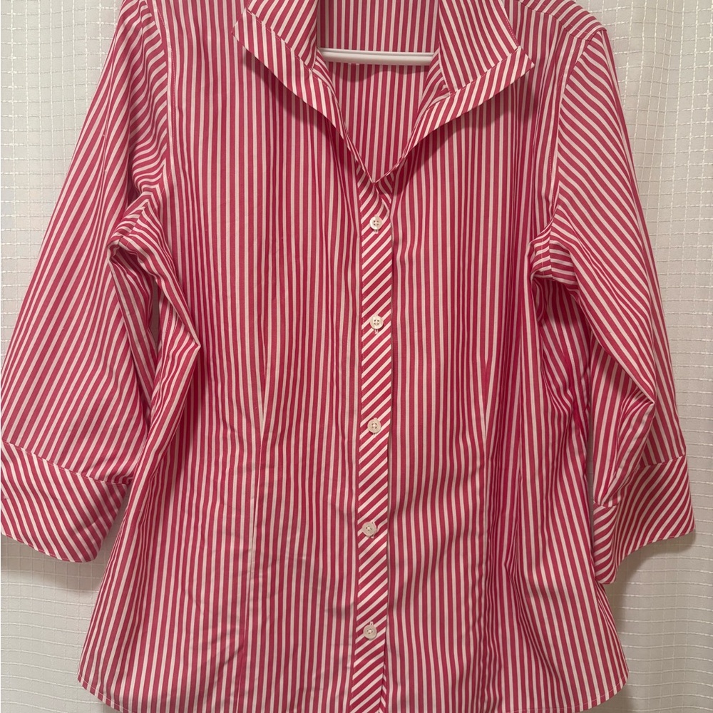 Chico’s Red/White pinstripe Button-Up Shirt